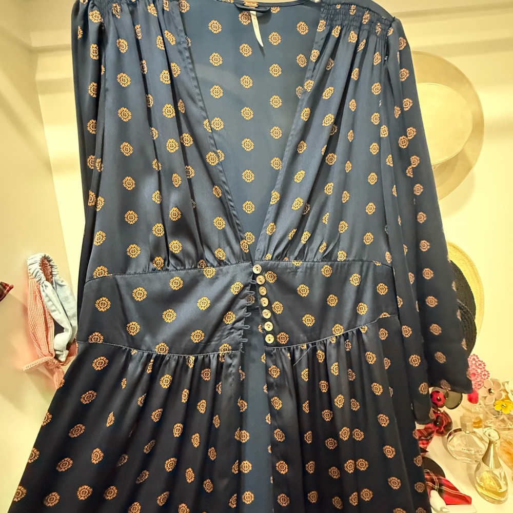 Free People Blue Fit and Flare Long Sleeve Shirt Dress